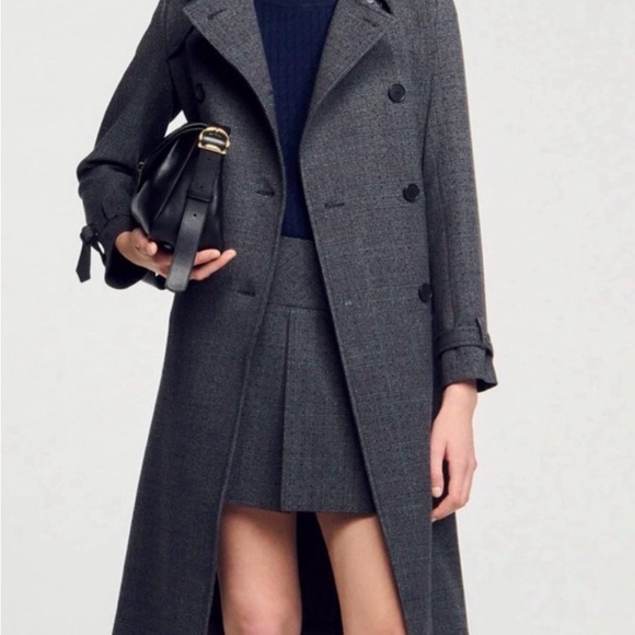 Sandro Jackets & Blazers - Sandro Checked Rhinestone-Embellished Trench Coat in Gray & Blue
